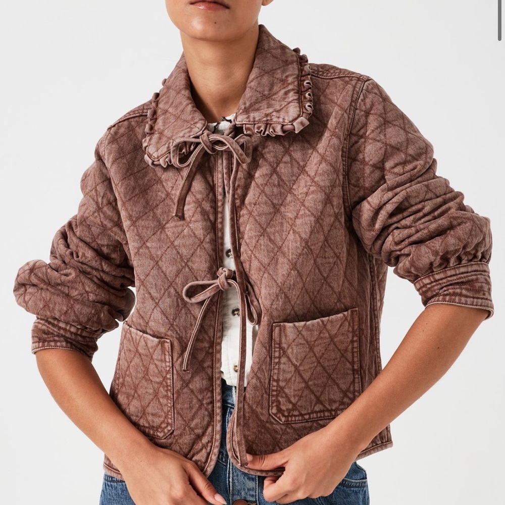 Seventy + Mochi Heidi Jacket in Washed Mocha Brown quilted denim tie front Small - Picture 4 of 13
